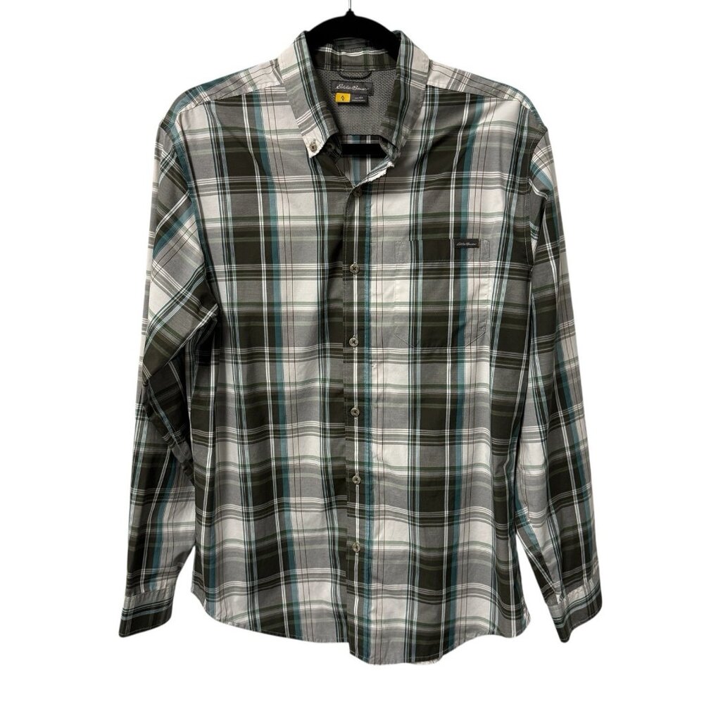 EDDIE BAUER TRAVEX BUTTON DOWN SHIRT MENS M PLAID OUTDOOR HIKING LIGHTWEIGHT